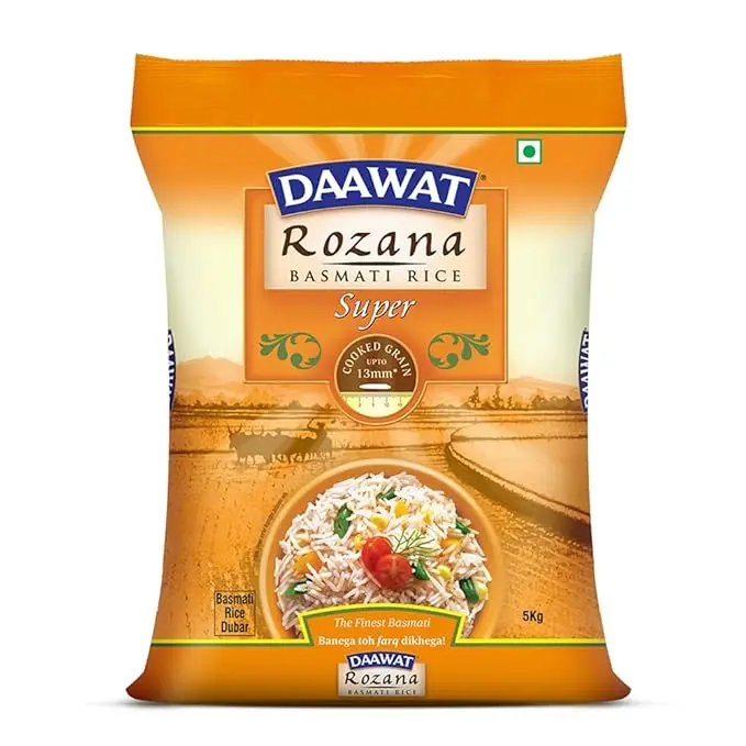 Daawat Rozana Super Basmati Rice 5Kg| For Everyday Consumption| Cooked Grain Upto 13mm*| Naturally Aged