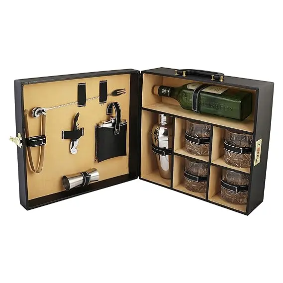 Anything & Everything Portable Leatherette Bar Set | Wine & Whisky Case | Wooden Bar Accessories for Picnic (Holds 1 Bottle & 4 Glasses) (Black & Beige)