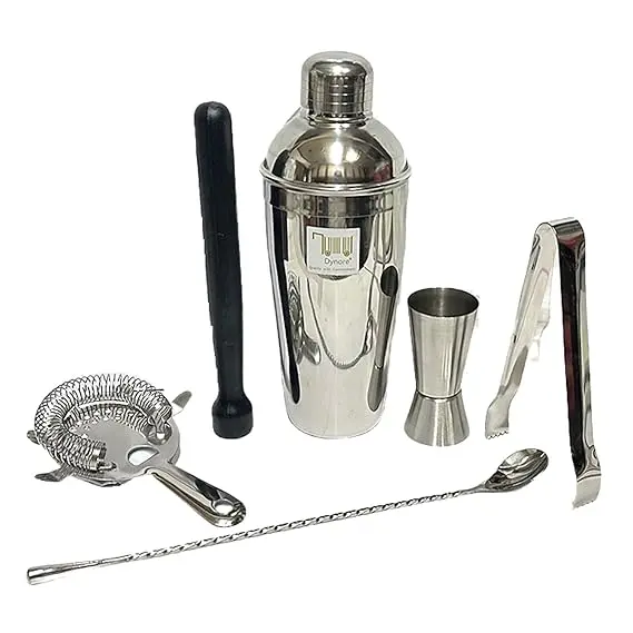 Stainless Steel 6 Pcs Bartender Martini Kit Set - Teardrop Bar Spoon, Cocktail Shaker 750 ml, Tall peg Measure 30/60 ml, Black PVC Muddler, Ice Tong, Cocktail Strainer- Set of 6
