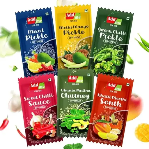 pickle pouch mango, green chilli, mixed pickles Dhaniya Pudina chutney, khatti meethi chatni, Sweet Chilli garlic sauce 12gm each | Combo Assorted Pack of 6x8 = 48 sachets (576gm)