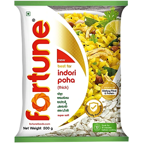 Fortune Indori Poha Super Soft Thick Source Of Protein Fibre, 500 g Pouch