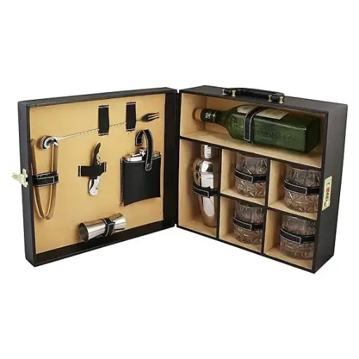 Anything & Everything Portable Leatherette Bar Set | Wine & Whisky Case | Wooden Bar Accessories for Picnic (Holds 1 Bottle & 4 Glasses) (Black & Beige)