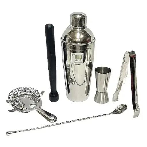 Stainless Steel 6 Pcs Bartender Martini Kit Set - Teardrop Bar Spoon, Cocktail Shaker 750 ml, Tall peg Measure 30/60 ml, Black PVC Muddler, Ice Tong, Cocktail Strainer- Set of 6